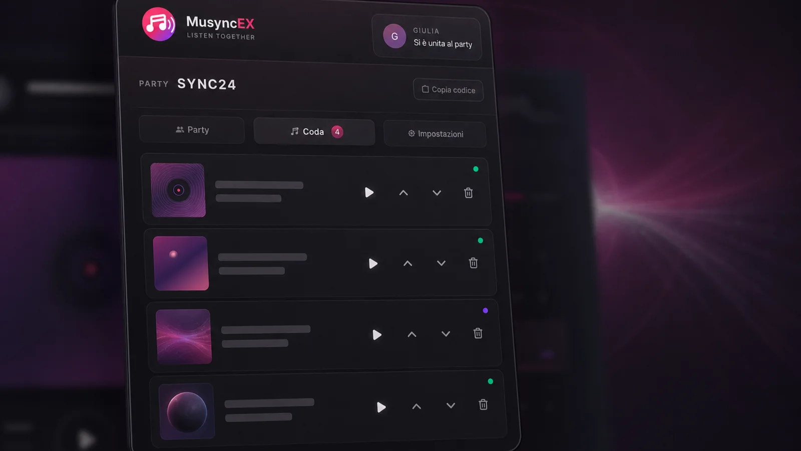La tab Coda reale di MusyncEX con quattro brani e relativi controlli
